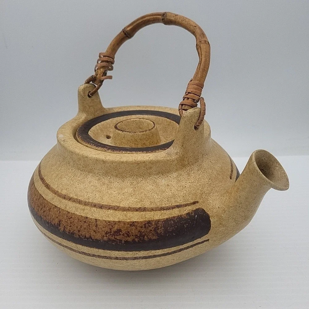 Vintage Pottery craft  Brown Cream Bamboo Handle Tea/ Coffee‎ pot